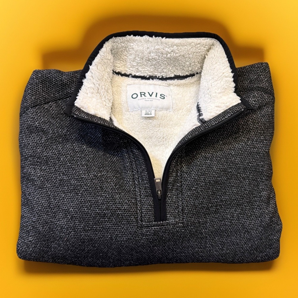 Orvis Mens Fleece Lined 1/4 Quarter Zip Pullover Sherpa Sweater Black Size XL